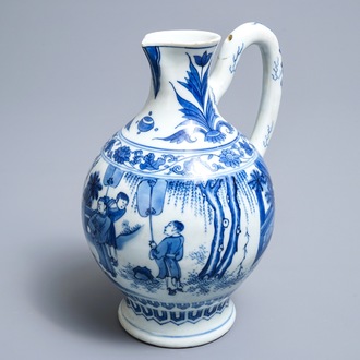 A Chinese blue and white jug with figures in a landscape, Transitional period