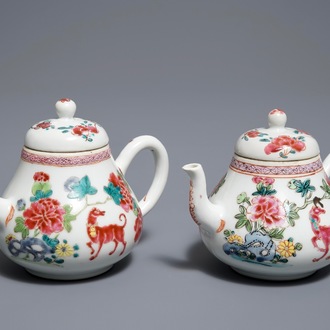 A pair of Chinese famille rose teapots with dogs, Yongzheng