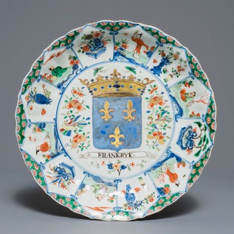 A Chinese famille verte "Provinces" dish with the arms of France, Kangxi/Yongzheng