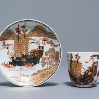 A Chinese grisaille and gilt cup and saucer with a large ship, Yongzheng/Qianlong