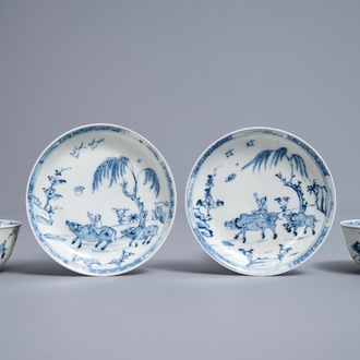 A pair of Chinese blue and white cups and saucers, Ca Mau wreck, Yongzheng