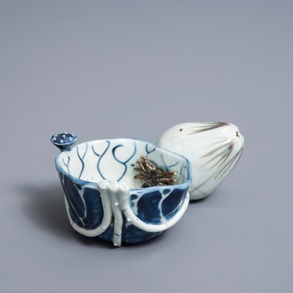 A Chinese underglaze blue and copper-red 'crab and lotus' water dropper, Kangxi