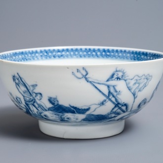 A Chinese blue and white mythological bowl depicting Neptune, Qianlong