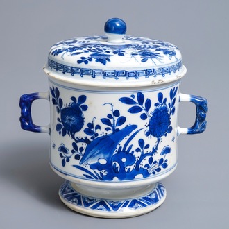 A Chinese blue and white two-handled bowl and cover, Kangxi