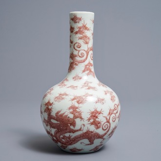 A Chinese underglaze red bottle-shaped 'dragon' vase, 19/20th C.