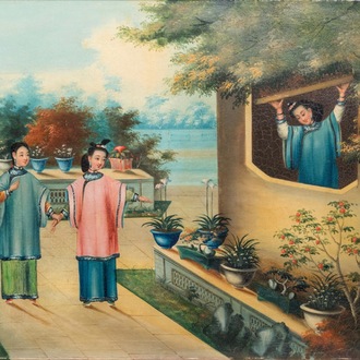 Een Anglo-Chinees export schilderij met dames op een terras, Canton, 19e eeuw