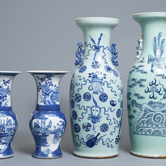 A pair of Chinese powder blue ground yenyen vases and two celadon vases, 19th C.