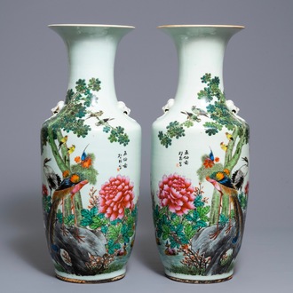 A pair of Chinese famille rose vases with birds among flowers, 19/20th C.