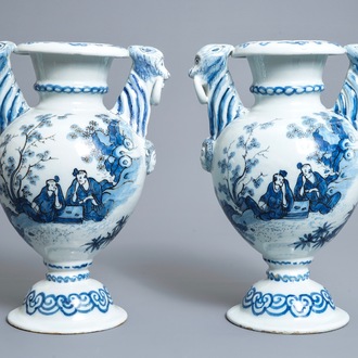 A pair of Dutch Delft blue and white chinoiserie alter vases, late 17th C.