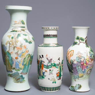 Three Chinese famille rose and verte vases, one with Qianlong mark, 19/20th C.