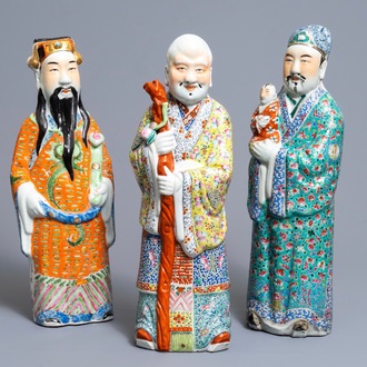 Three Chinese famille rose figures of the three star gods, 19/20th C.