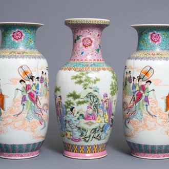 Three Chinese famille rose vases, Qianlong mark, Republic, 20th C.