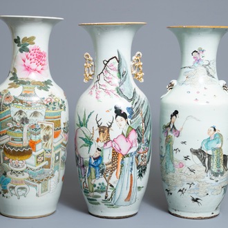 Three Chinese famille rose and qianjiang cai vases, 19/20th C.