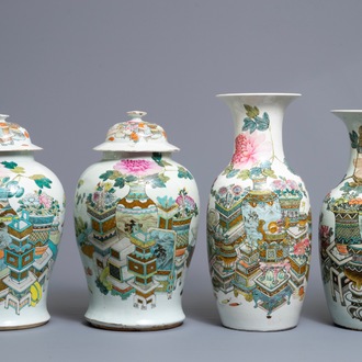 Four Chinese qianjiang cai vases with antiquities design, 19/20th C.