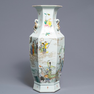 A hexagonal Chinese famille rose ‘Legend of the White Snake’ vase, 19th C.