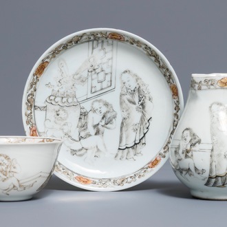 A Chinese grisaille and gilt cup and saucer with milk jug, Yongzheng