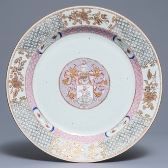 A Chinese famille rose armorial dish for the Dutch market, arms of Tuineman, Yongzheng