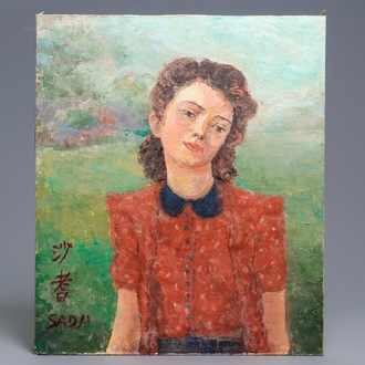 Sadji (Sha Qi, Sha Yinnian) (1914-2005), Portret van een meisje, olie op doek