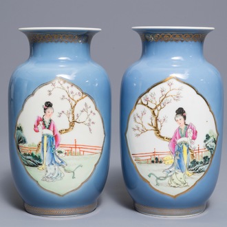 A pair of Chinese famille rose lavender blue ground vases, Qianlong mark, Republic, 20th C.