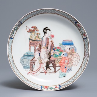 A fine Chinese famille rose 'ruby back' eggshell plate, Yongzheng