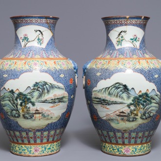 A pair of Chinese famille rose hu vases with landscape panels, Qianlong mark, Republic, 20th C.