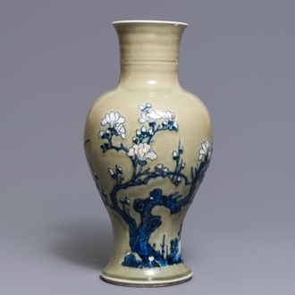 Een Chinese vaas met blauwwit en onderglazuur rood decor met celadon fondkleur, Kangxi