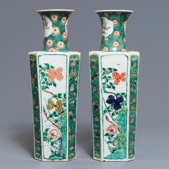 A pair of Chinese octagonal famille verte vases with birds and flowers, Kangxi
