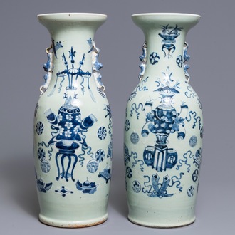 A pair of Chinese blue and white on celadon ground vases, 19/20th C.