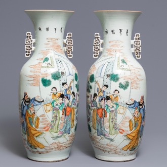 A pair of Chinese famille rose vases with musicians, 19/20th C.