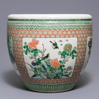 A Chinese famille verte fish bowl with birds among flowers, 19th C.