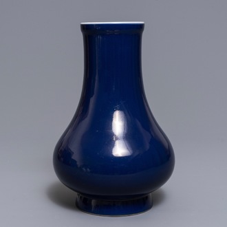 A Chinese monochrome 'sacrifical blue' pear-shaped vase, Yongzheng mark and of the period