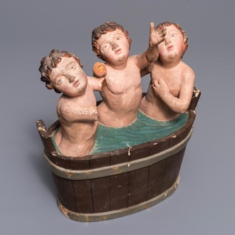 A polychrome carved wood group of 'Saint-Nicholas' children', 18th C.