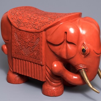 A Chinese cinnabar lacquer elephant stool, Republic, 20th C.