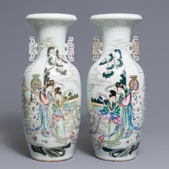 A pair of Chinese famille rose vases with ladies with a flower basket, 19/20th C.
