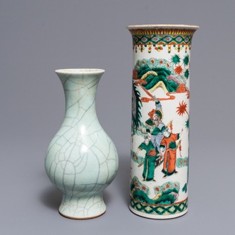 A Chinese celadon crackle-glazed vase and a famille verte vase, 19th C.