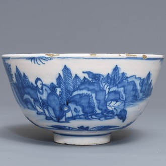 Un bol en faïence de Delft en bleu et blanc à décor de chinoiserie, 17ème