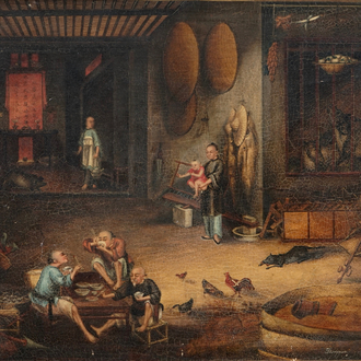 Tingqua (Canton, ca. 1809-1870): Theescène in de stal, olie op doek, gesign. r.o.