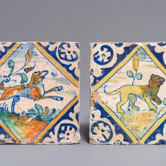 Two polychrome maiolica tiles with a dog and a bear, Antwerp or Middelburg, late 16th C.