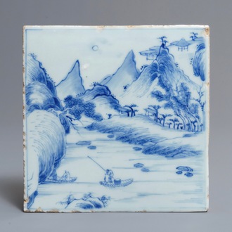 Een Chinese blauwwitte tegel met een berglandschap, Kangxi