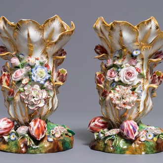 A pair of vases with applied floral design, Jacob Petit, Paris, 19th C.