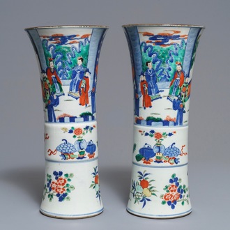 A pair of Chinese wucai gu vases, 19th C.