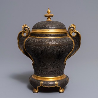 A Qajar-style parcel-gilt bronze vase and cover, France, 19th C.