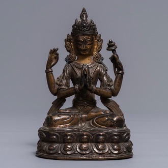 A Sino-Tibetan gilt bronze figure of the four-armed Avalokiteshvara, 18th C.