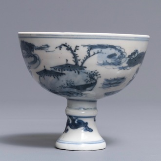 A Chinese blue and white 'landscape' stem cup, Wanli mark but prob. later