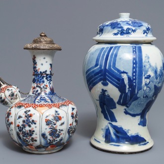 A Chinese blue and white covered vase and an Imari-style kendi, Kangxi