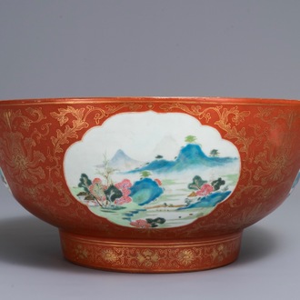 A large Chinese famille rose coral ground landscape bowl, Jiaqing