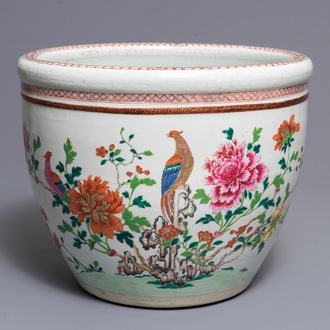 A Chinese famille rose fish bowl with birds among flowers, Qianlong