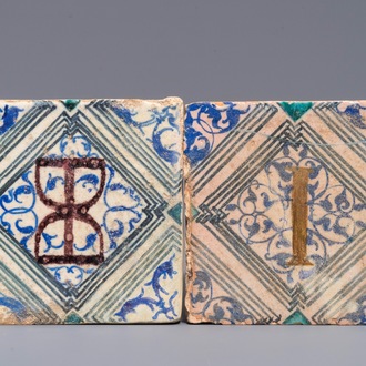 Two maiolica tiles from the castle of Oiron, France, 1545-1550