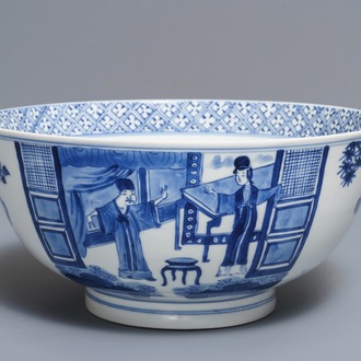 A Chinese blue and white bowl with floral and narrative panels, Kangxi mark and of the period