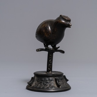 A Chinese bronze water dropper in the shape of a perched bird, Ming